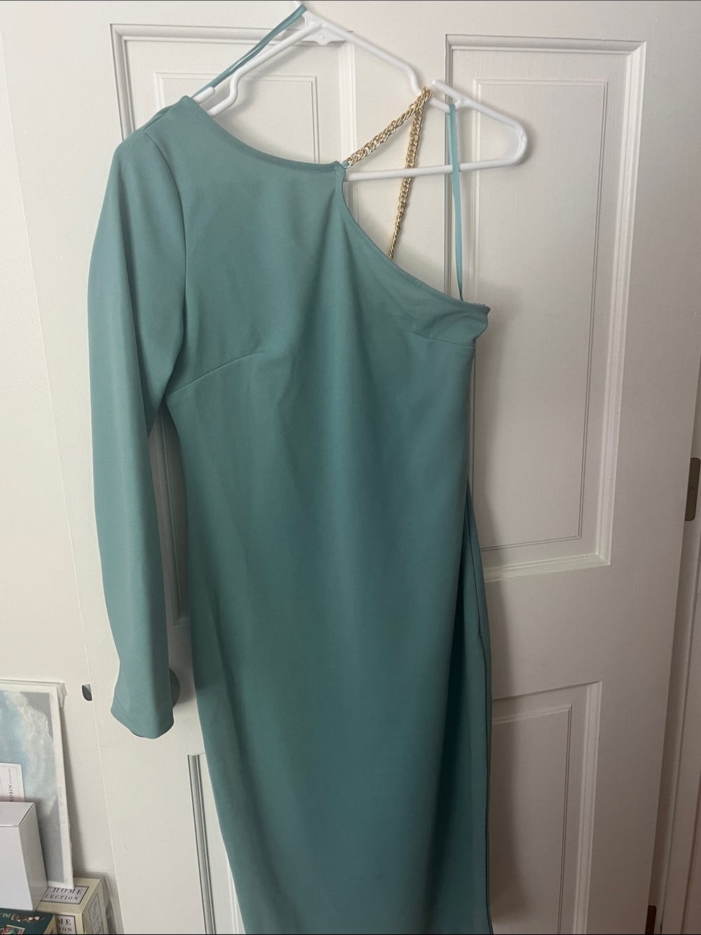 AX Paris One-Shoulder Teal Dress with Gold Chain Strap